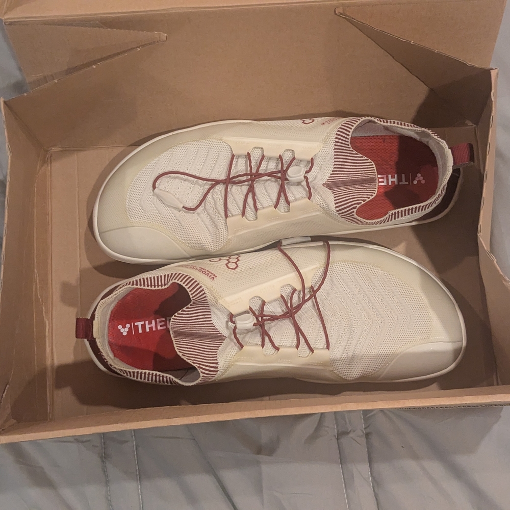 Cream and Red Athletic Shoes